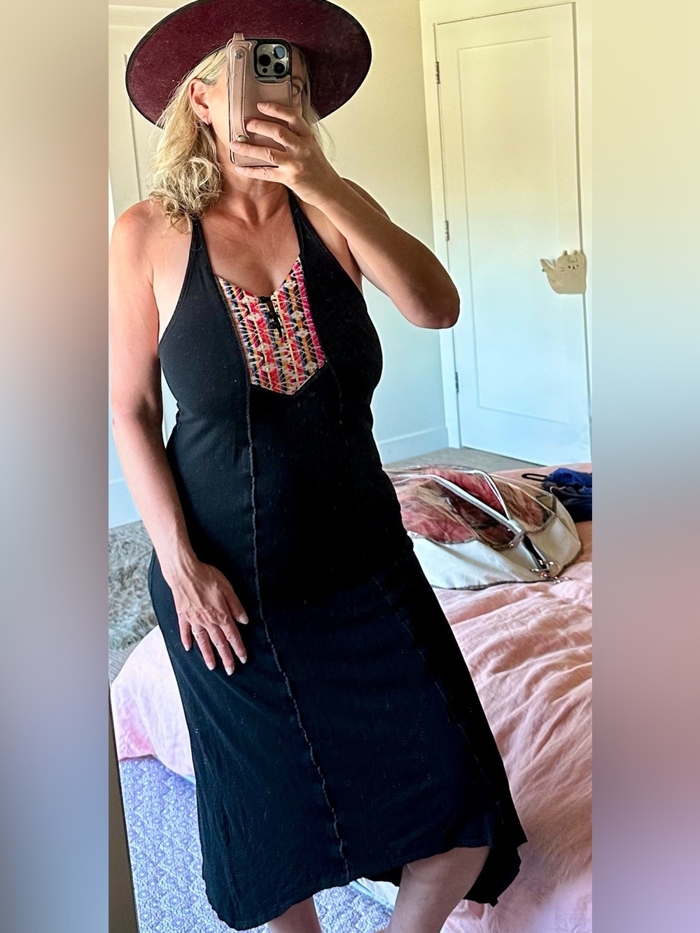 Kai Black Cotton Bamboo Dress with Rainbow Weaving & Lace-up back - Medium